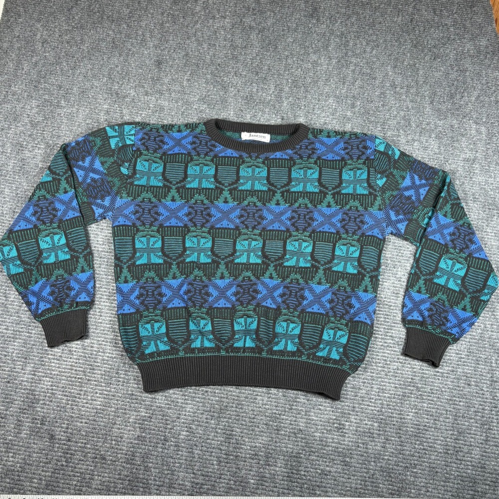 Jantzen Mens Vintage Geometric Pattern Knit Sweater Blue Green Black Size L